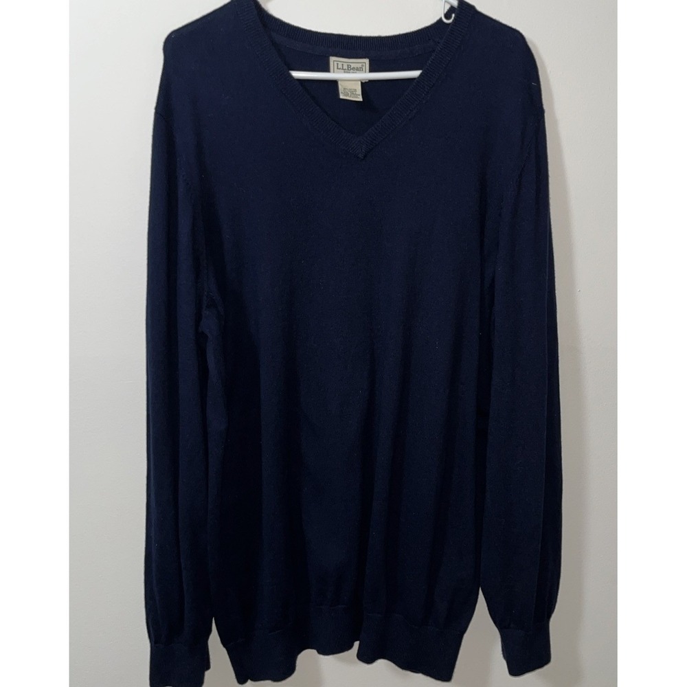Vintage LL Bean Mens Sweater XXL T BLUE Cotton Cashmere V Neck Preppy Sporty